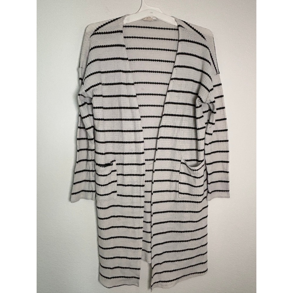 Bibi Womens Waffle Knit Striped Longline Cardigan Duster Black White Pockets